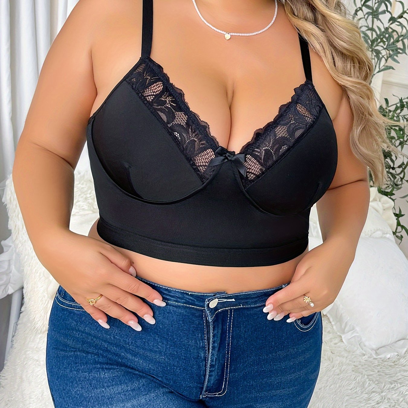 Bra Women's Plus Contrast Lace Solid High Stretch T shirt Longline Bra