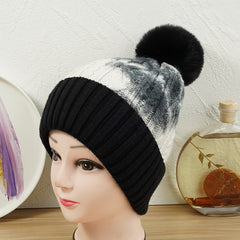 Tie Dye Fleece Pom Pom Beanie Hat Winter Warm Thick Knit Hat