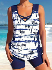 Tropical Print Tankini Set Criss Cross Front Drawstring Top & Shorts