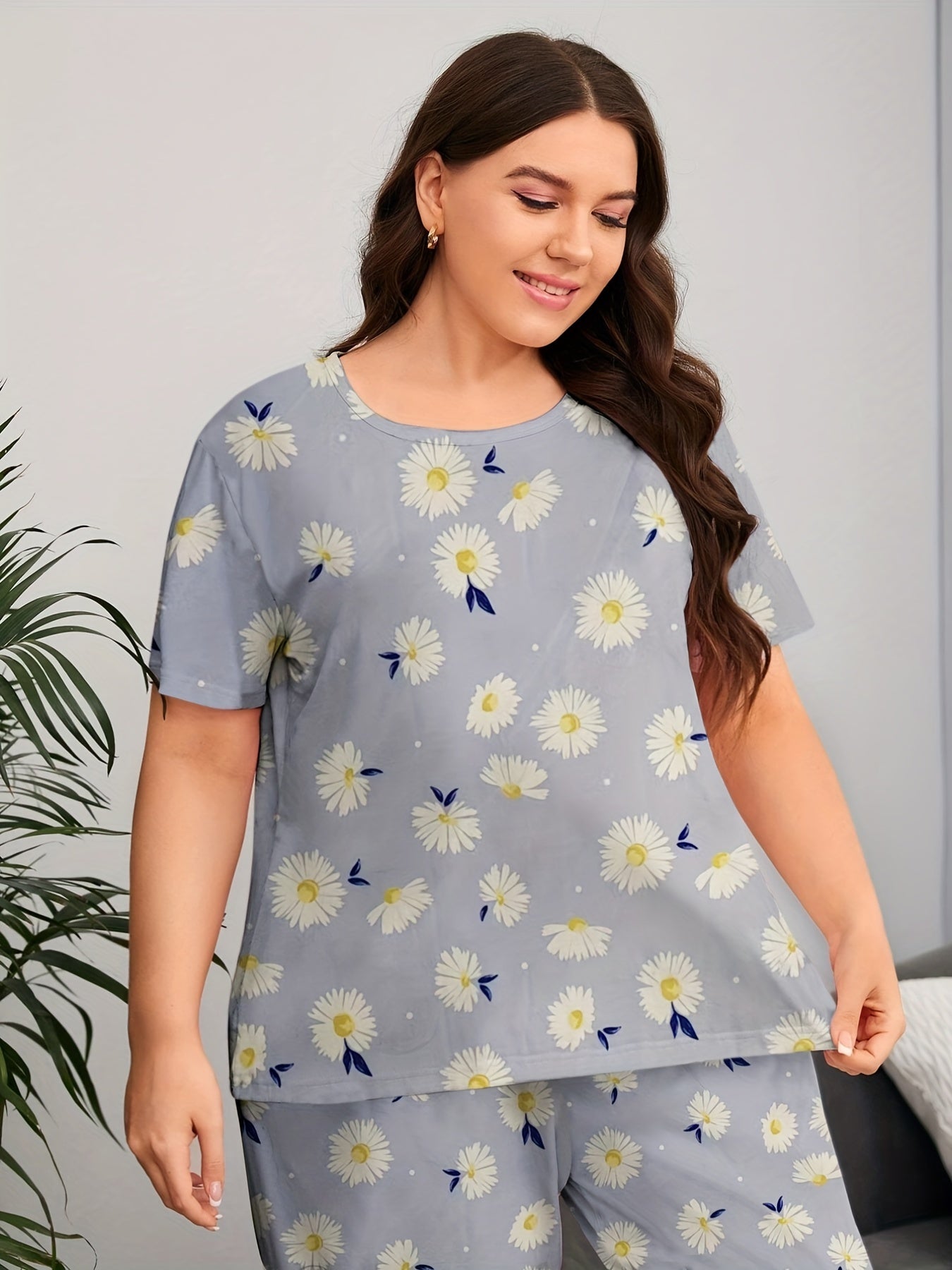 Floral Print Short Sleeve Top & Pants Pajama Set