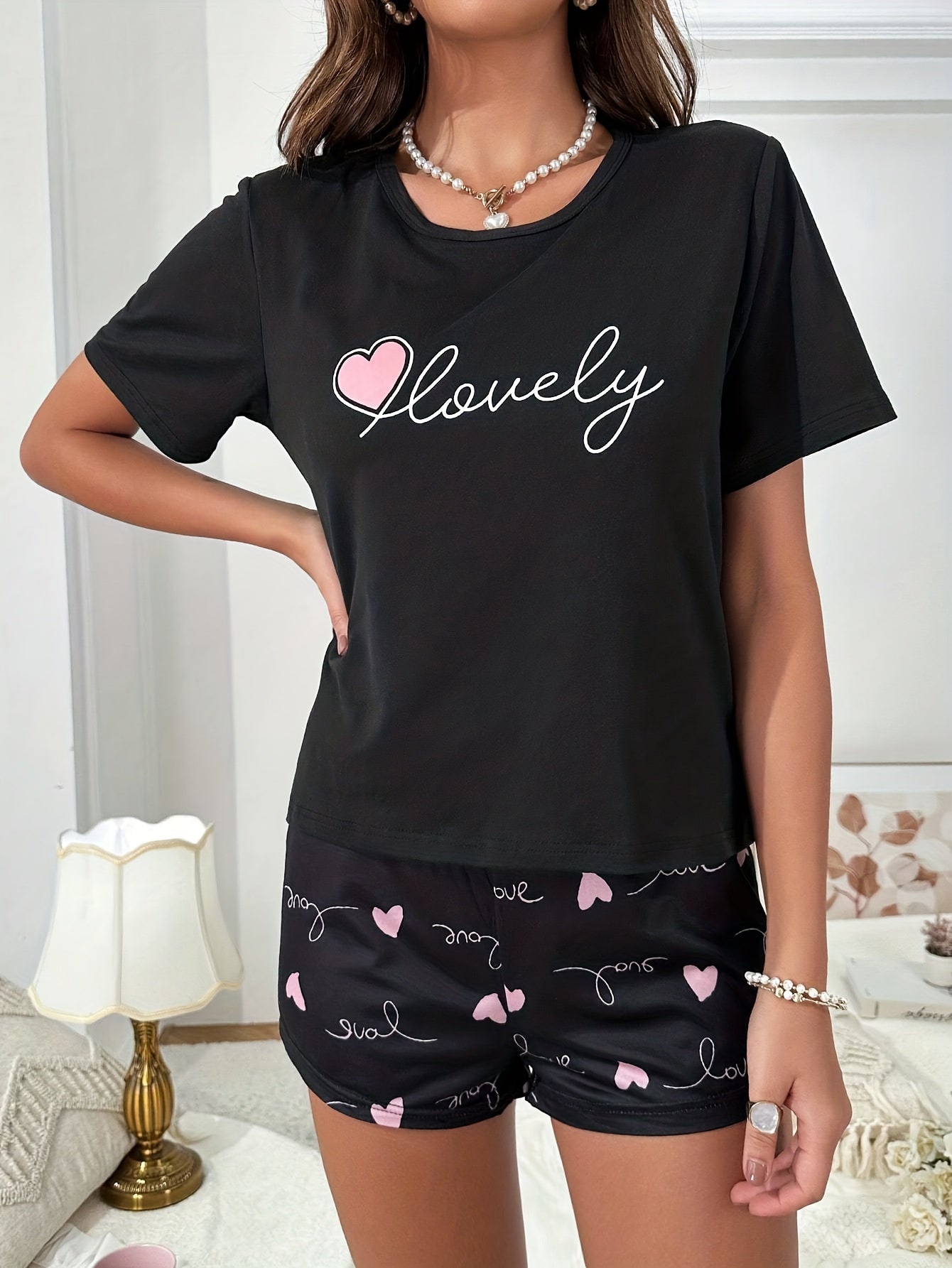 Heart Print Pajamas Set Short Sleeve Crew Neck Top & Shorts