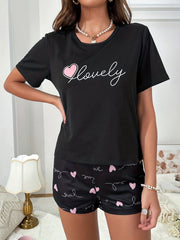 Heart Print Pajamas Set Short Sleeve Crew Neck Top & Shorts
