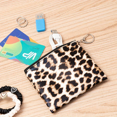 Leopard Print Cosmetic Bag Women Zipper Makeup Pouch Keychain Travel Organizer