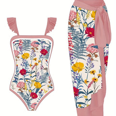 Plus Floral Ruffle Bodysuit & Wrap Dress Swimsuit Set