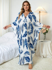 Boho Cover Up Women's Plus Tropical Print Batwing Sleeve V Neck Split