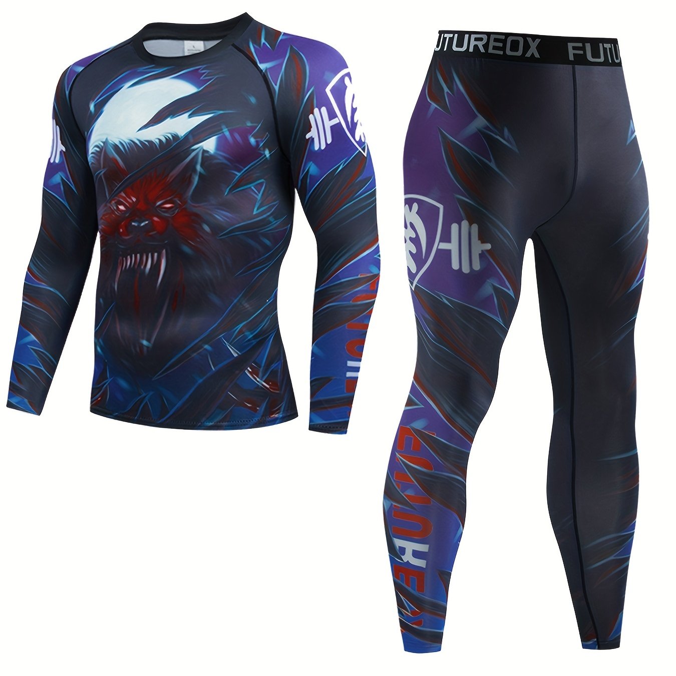 Men's Wolf Pattern Compression Crew Neck Shirt & Pants Set