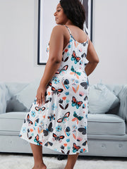 Butterfly & Floral Print Deep V Neck Cami Sleep Dress