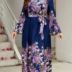 Floral Print Bell Sleeve Plus Size Maxi Dress With Belt