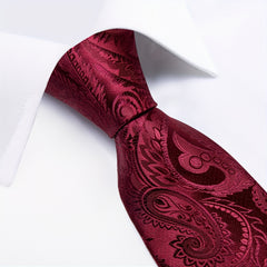 DiBanGu Men's Wine Red Paisley Tie Set for Wedding