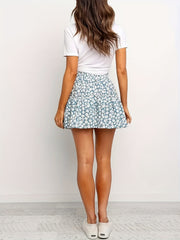 Floral Print Ruffle Trim Skirt Boho Drawstring Skirt
