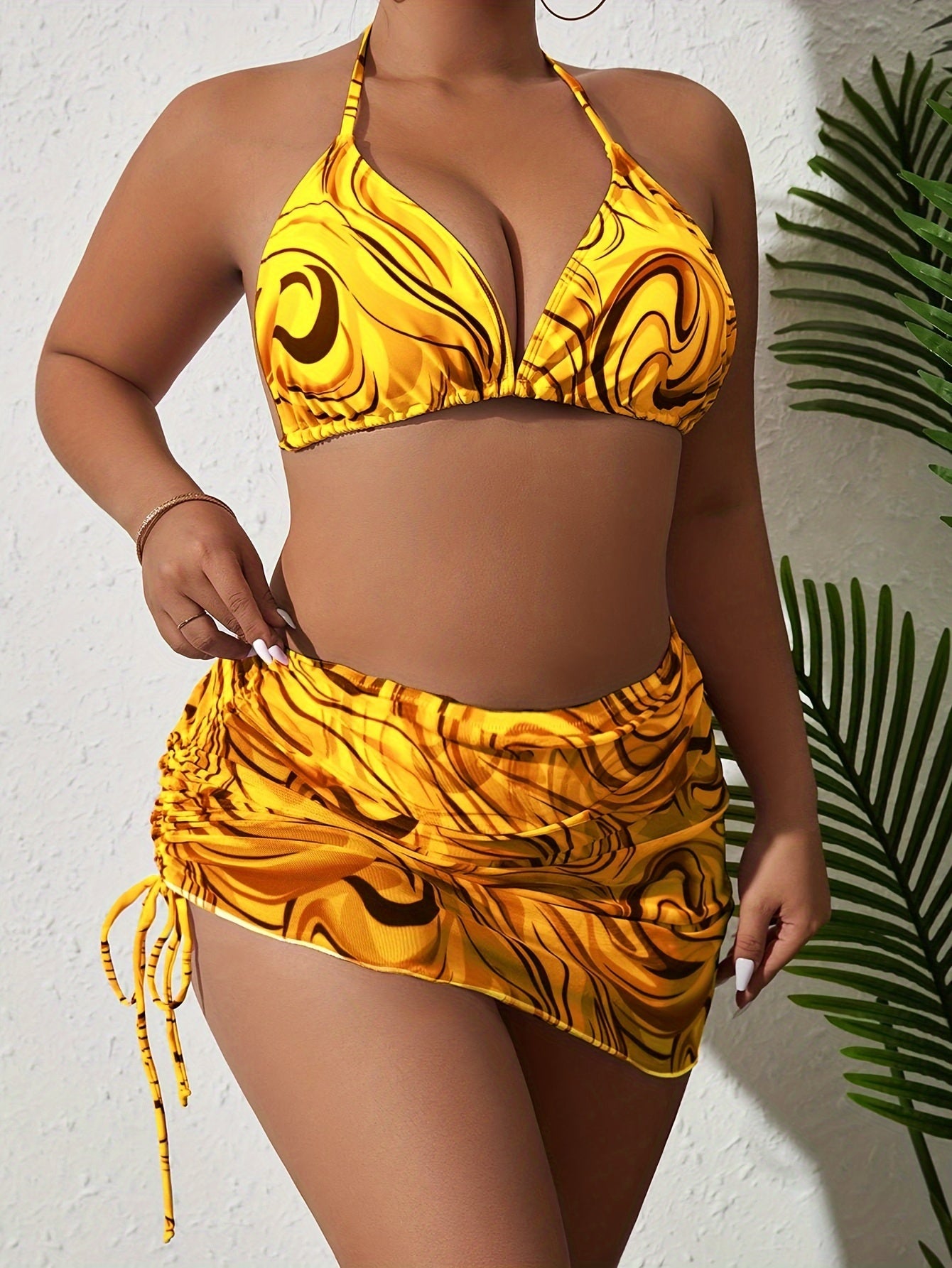 Sexy Bikini Set Women's Plus Fluid Print Swimsuit 3 Piece Set