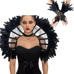 Gothic Corset & Glove Set Teal Feather Accents Ruffled Sleeves Halloween Cosplay