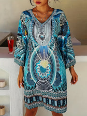 Boho Dress Women's Plus Allover Print Long Sleeve V Neck Loose Fit