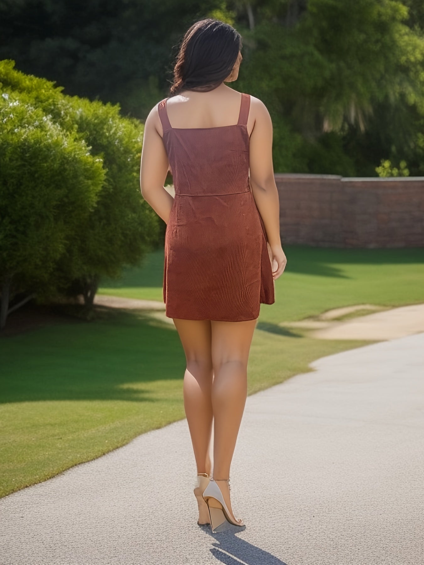 Solid Corduroy Zipper Square Neck Mini Dress