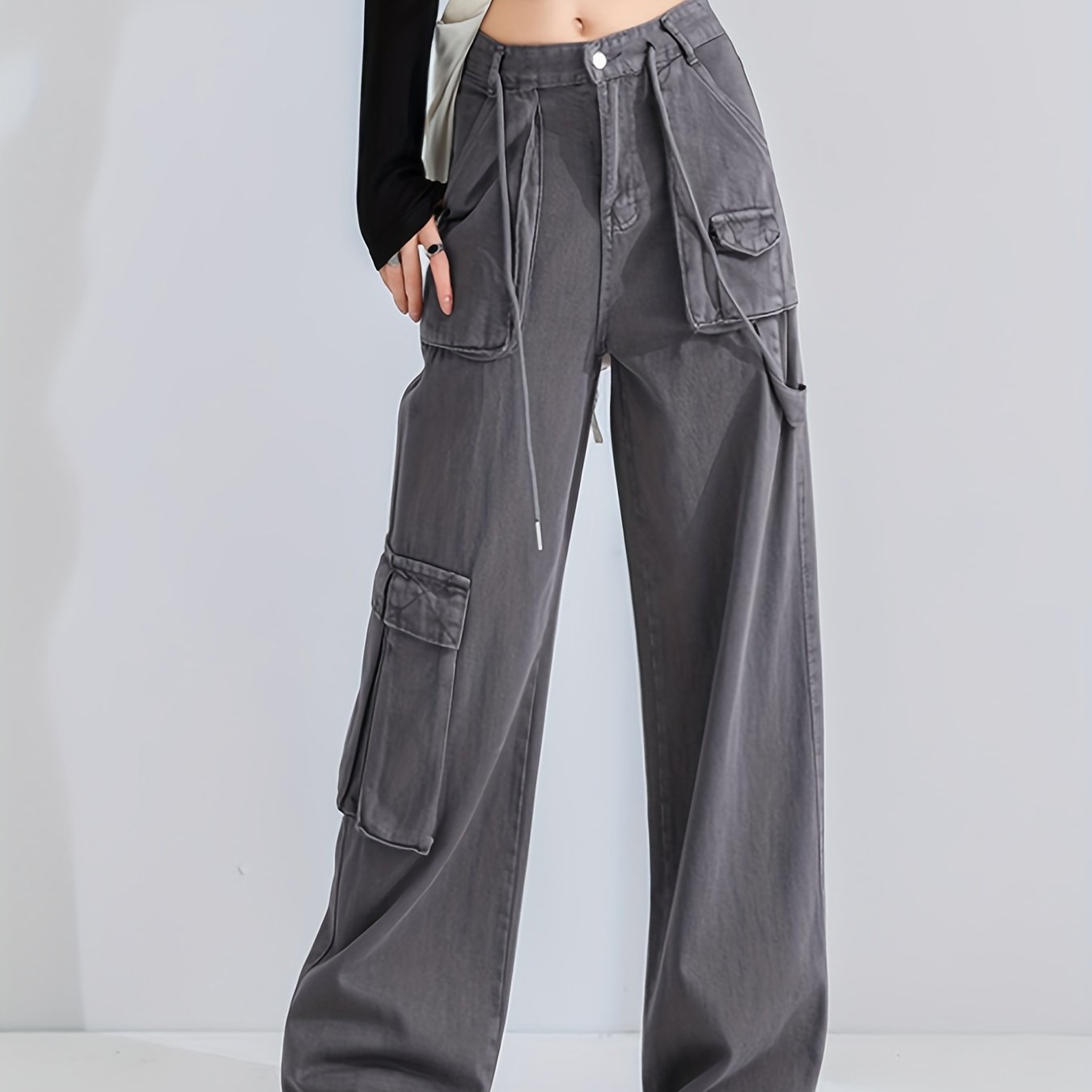 Grey Cargo Pants Loose Fit High Waist Straight Jeans