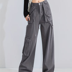 Grey Cargo Pants Loose Fit High Waist Straight Jeans