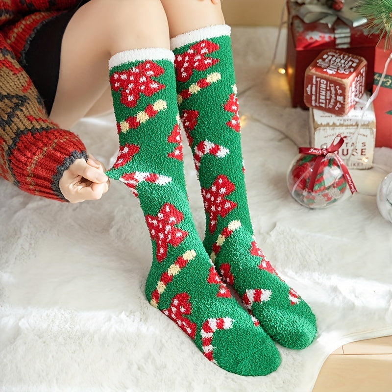 Christmas Print Calf Socks Fuzzy Knee High Socks Women's Stockings
