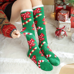 Christmas Print Calf Socks Fuzzy Knee High Socks Women's Stockings