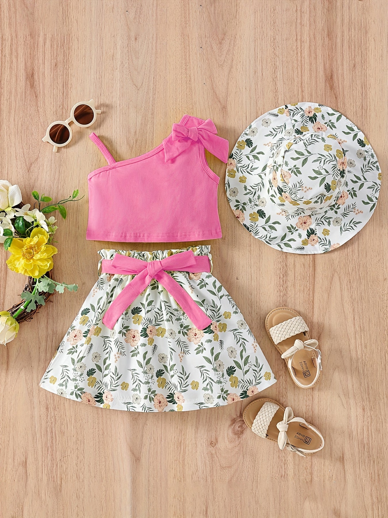 3pcs Toddler Girls Bow Crop Tank Top & Floral Skirt Set for Party