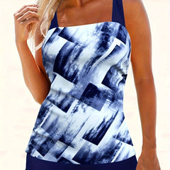 Modest Tankini Set Patchwork Square Neck Cami Top & Lace Up Side Short