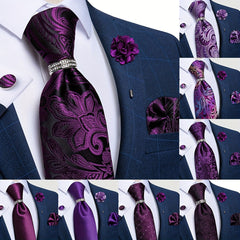 DiBanGu Formal Mens Necktie Set Silver Ring Purple Paisley Ties