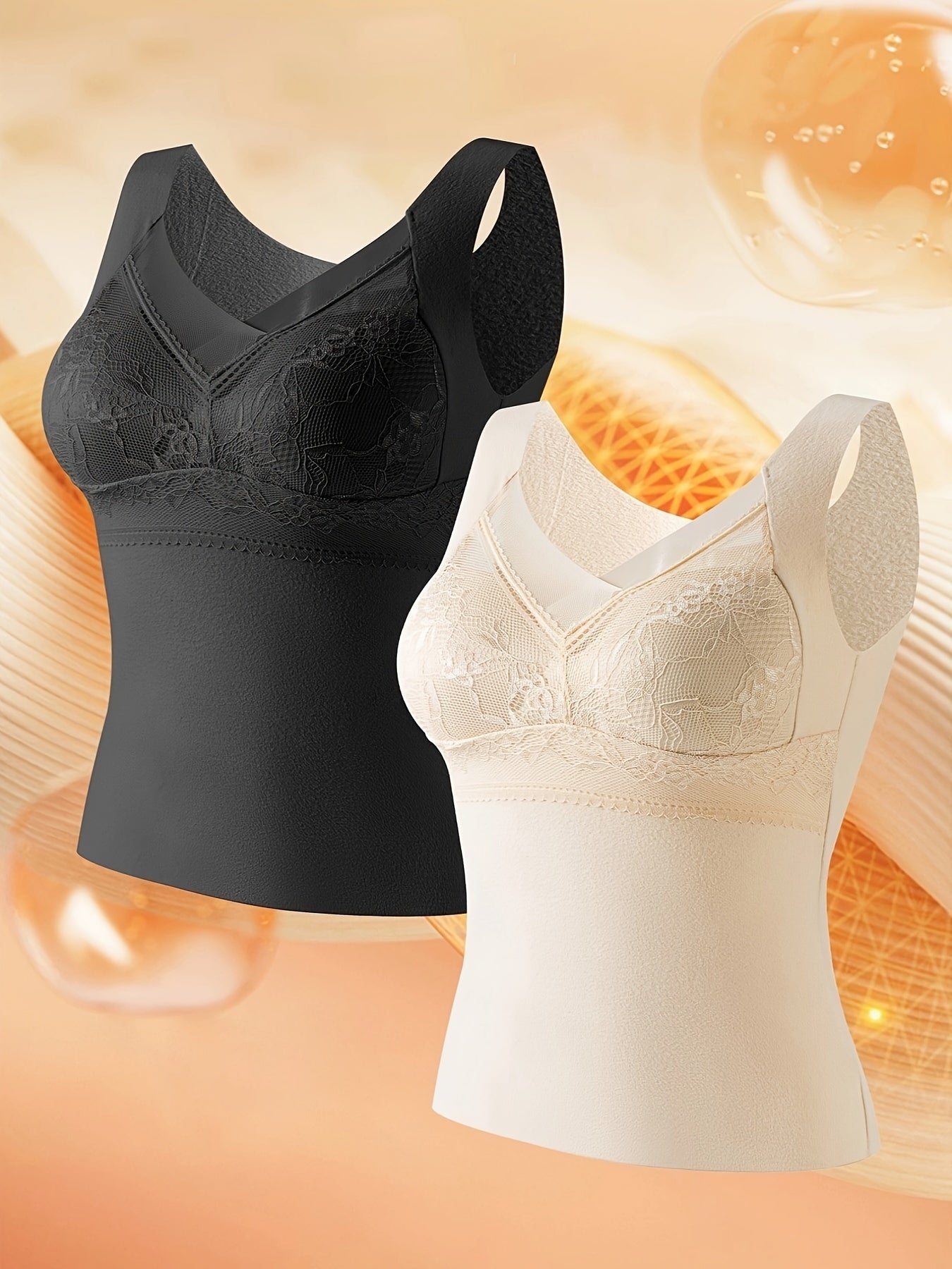 2pcs Lace Tank Tops V Neck Thermal Underwear Top Women's Lingerie