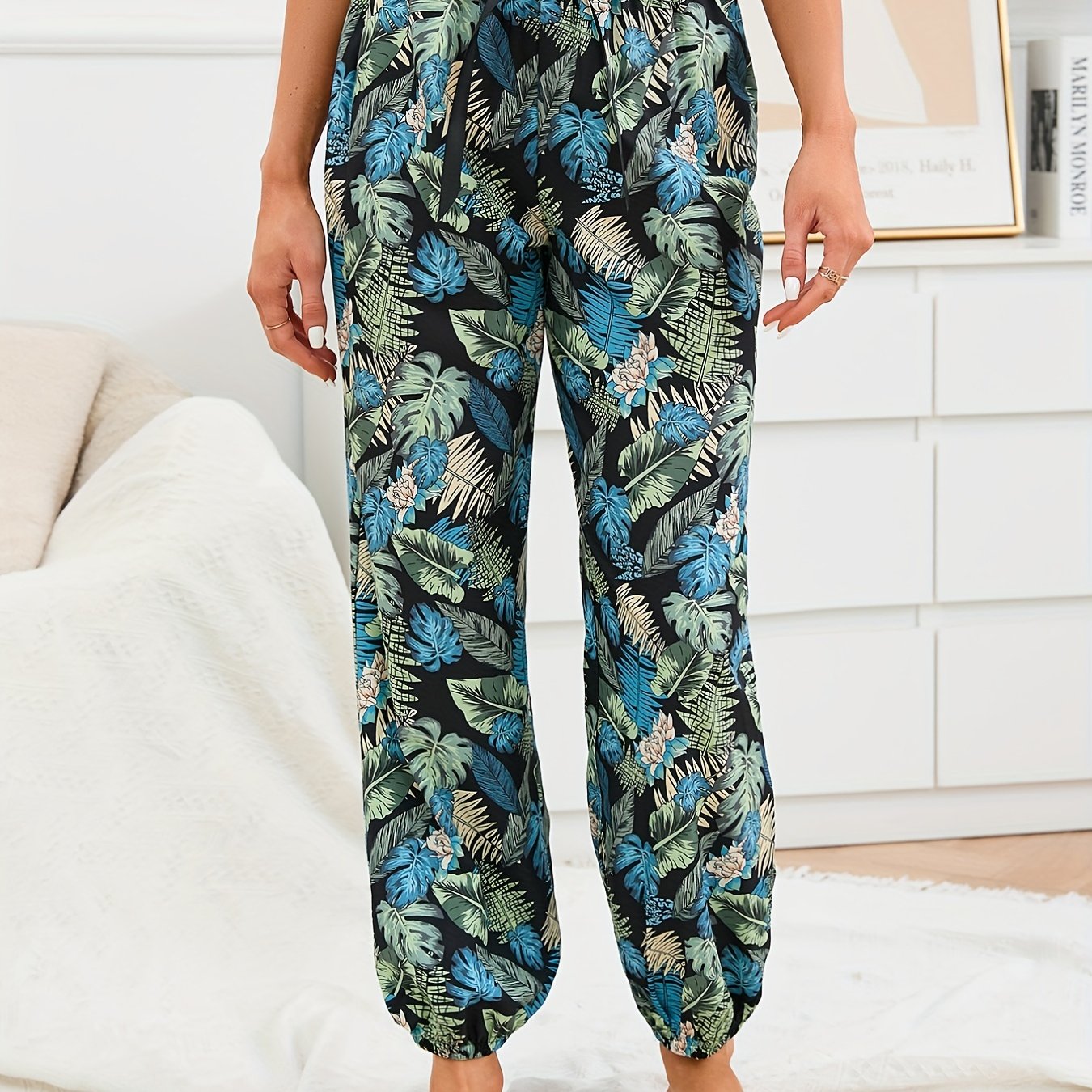 Tropical Print Sleep Bottoms Soft & Comfy Elastic Waistband Pants