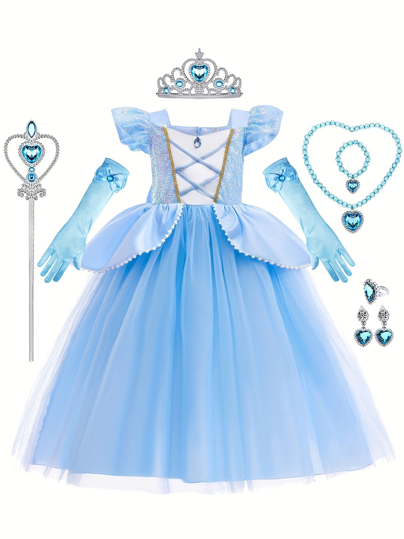 Girls Princess Costume Puff Sleeve Fancy Party Dress Up Set