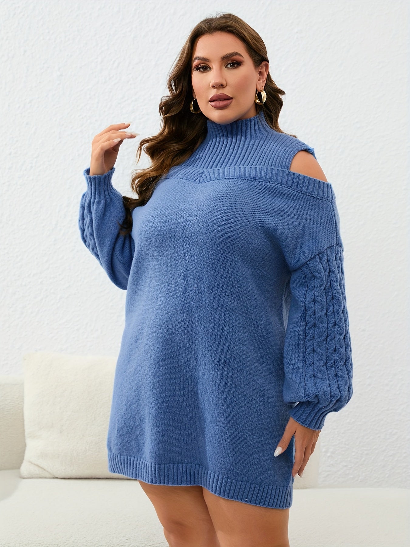 Ribbed Lantern Sleeve Mock Neck Sweater Dress
