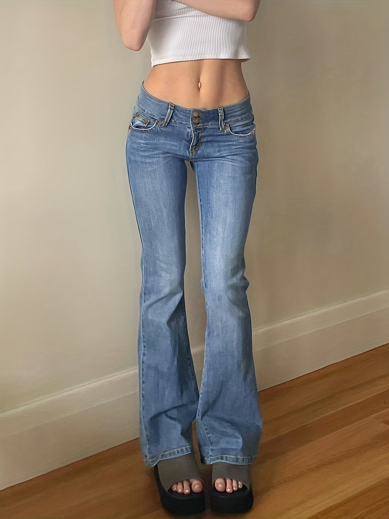 Wide Leg Denim Pants Slash Pockets High Stretch Baggy Jeans