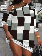 Colorblock Geometric Print One Shoulder Dress