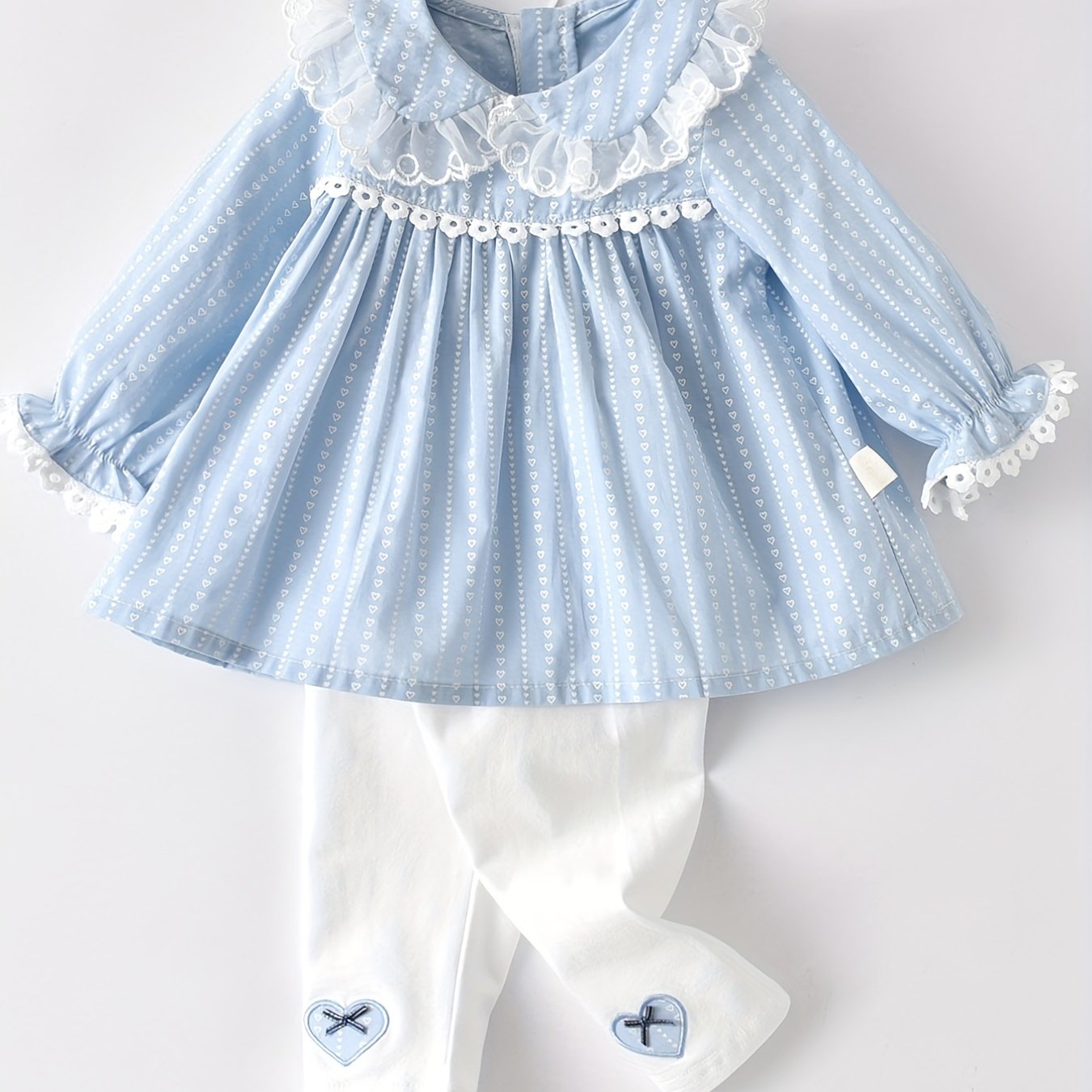 Baby Girl Lace Trim Puff Dress & Pants Set