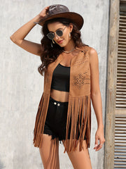 Western Fringe Trim Hollow Out Vest Jacket Casual Sleeveless Eyelet Vest Jacket
