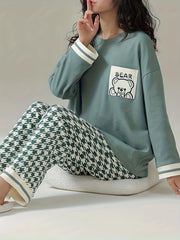 Bear Print Pajama Set Long Sleeve Crew Neck Top & Pants
