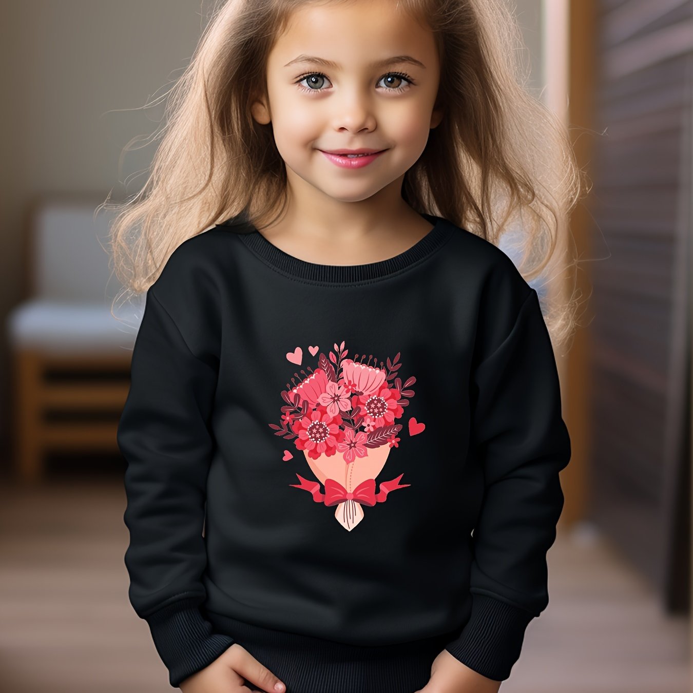 Flowers Print Girls Casual Pullover Sweatshirt for Fall Winter