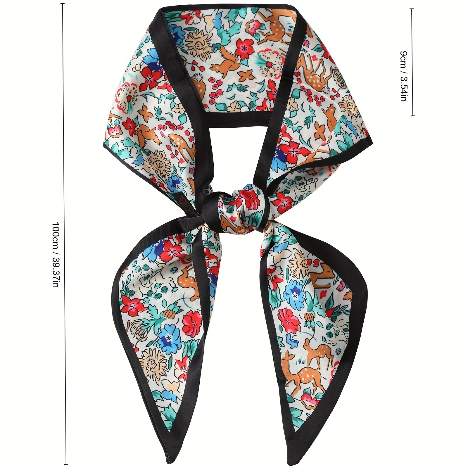 Green Floral Print Skinny Scarf Silk Hair Ribbon Satin Neckerchief Twilly Scarf
