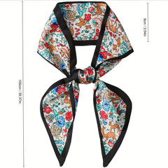 Green Floral Print Skinny Scarf Silk Hair Ribbon Satin Neckerchief Twilly Scarf
