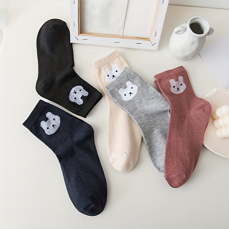 5 Pairs Cartoon Bunny Print Socks Comfy & Mid Tube Women's Stockings