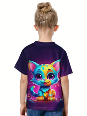 Kids 3D Cat Graphic Short Sleeve T-Shirt Breathable Summer Tops