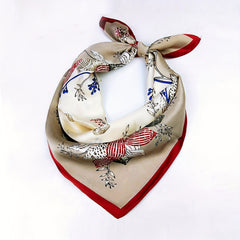 Brown Satin Square Scarf Flower Print Bandana Silk Head Wrap