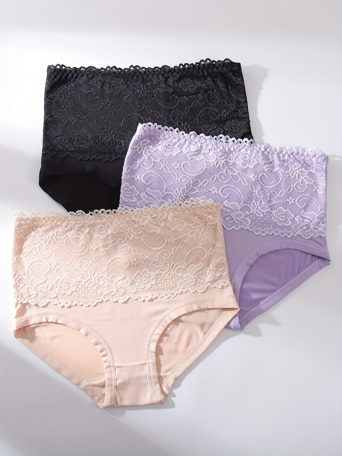 3pcs Lace Stitching Briefs Stretchy Intimates Panties