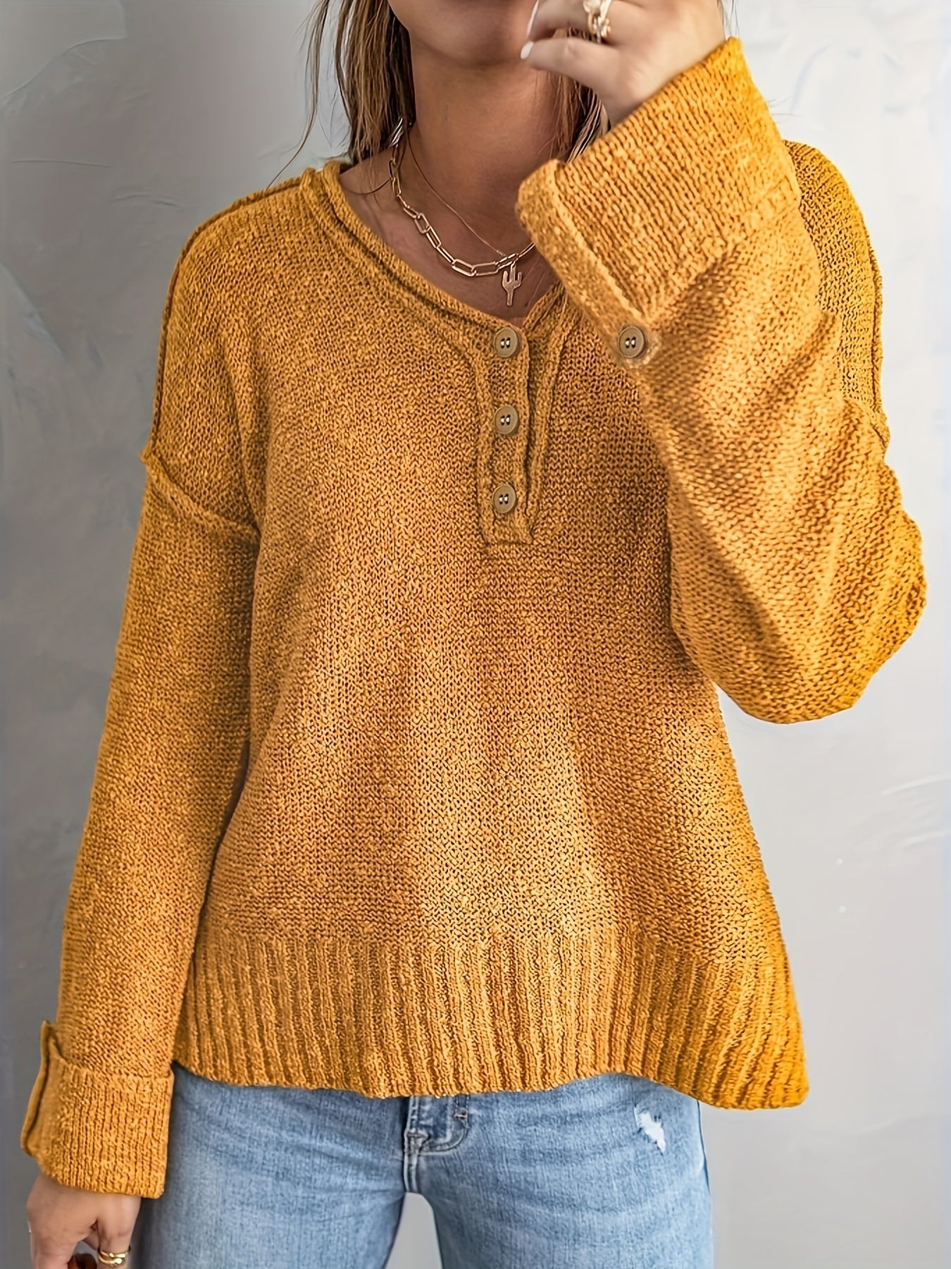 Casual Knit Top Women's Plus Solid Stitching Button Up Long Sleeve