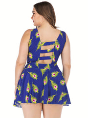 Feather Print Knot Cut Out Round Neck One Piece Swimsuit
