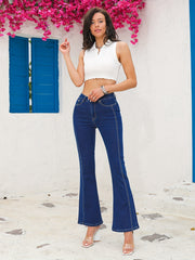 Flare Leg Denim Pants Slash Pocket Zipper Button Closure