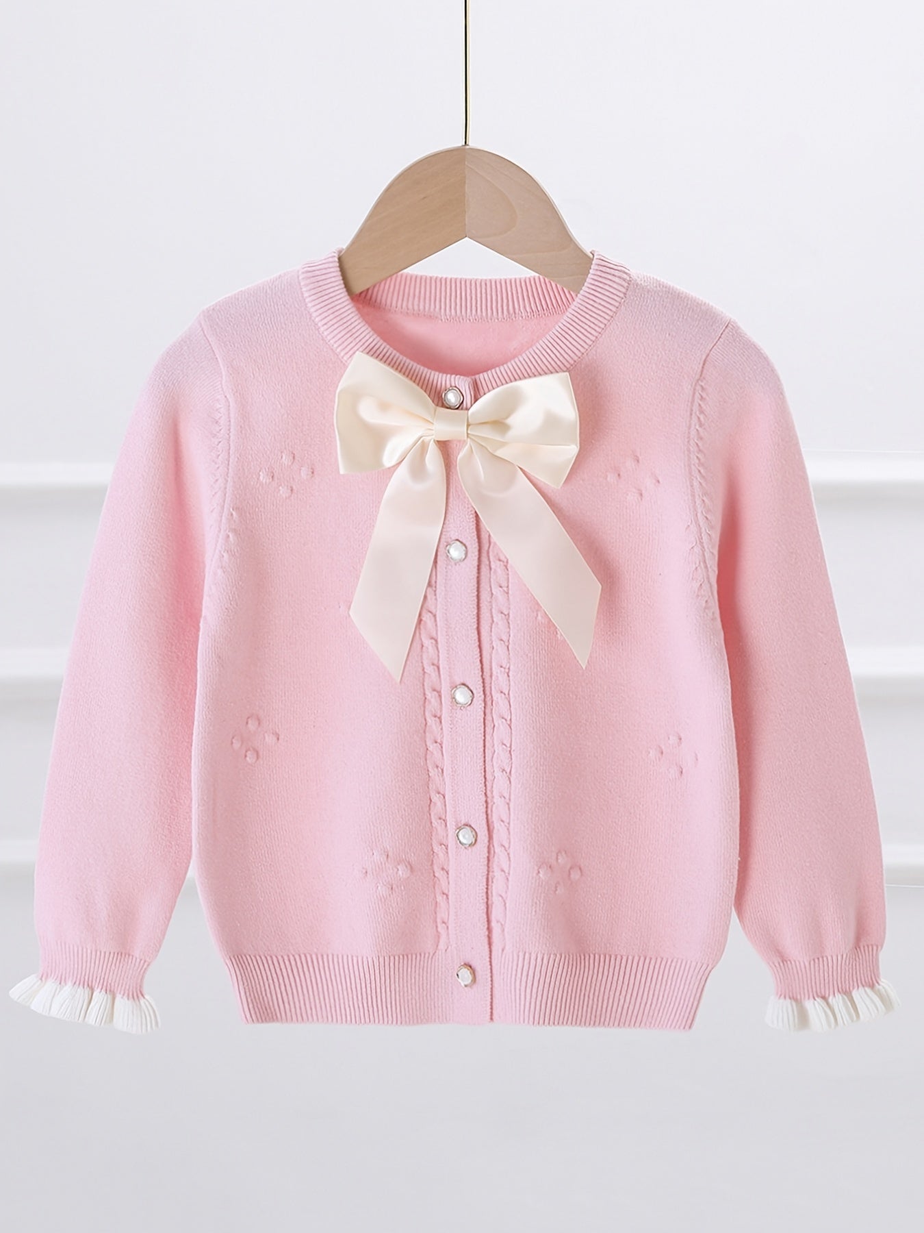 Girls Knitted Cardigan with Bow Knot and Pearl Button