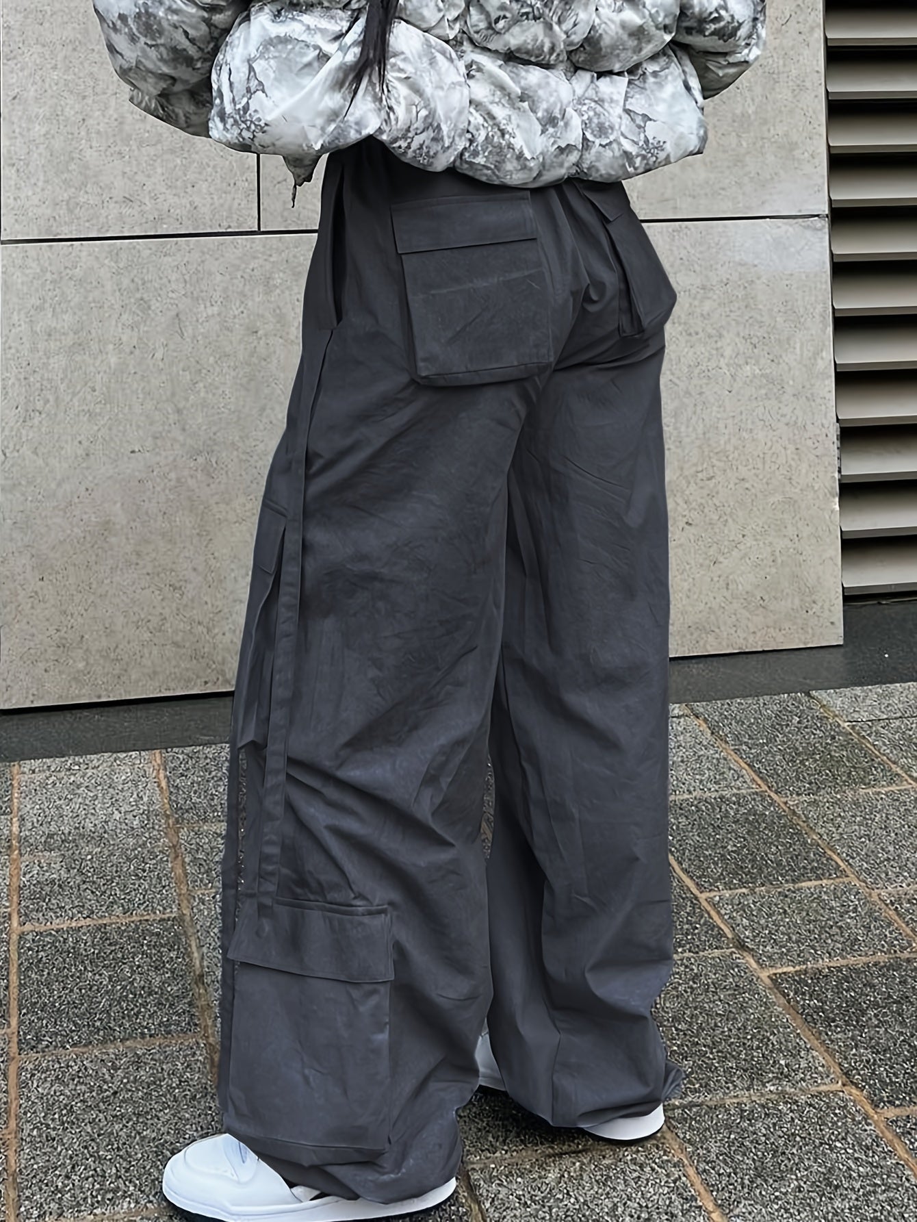 Solid Flap Pockets Wide Leg Pants Casual Loose Drawstring Long Length Pants