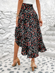 Floral Split Thigh Ruffle Trim Skirt High Waist Women's Clothing