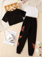 Girls 3pcs Casual Suit T Shirt & Camisole & Pants Set Kids Sports Leisure
