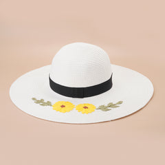 Flower Embroidery Sun Hat Easter Wide Flat Brim Straw Hat Women Beach Travel