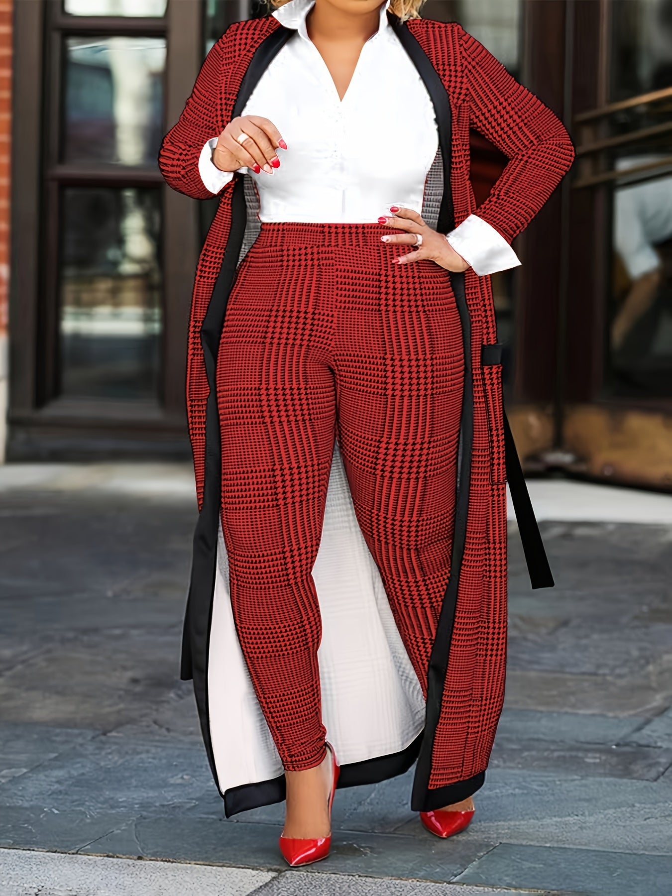 Houndstooth Cardigan & Skinny Pants Two Piece Set